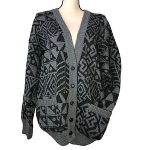Vintage Grandpa Sweater Cardigan Size L Gray Geometric Print Silver Italy Wool